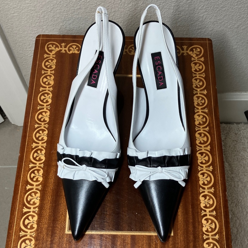 New ESCADA  8 Black White bow slingback heels